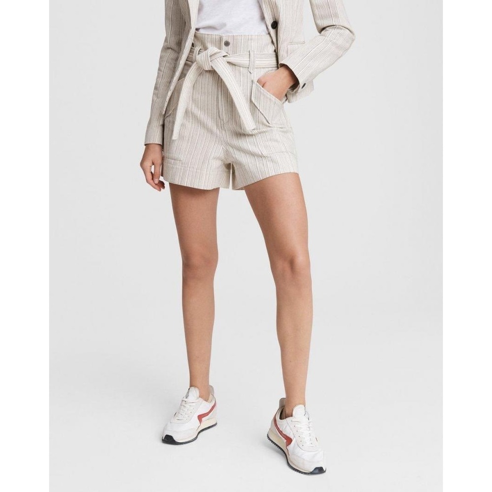 Rag & Bone Womens 00 Linen Pinstripe High Waist Tie Belt Shorts Neutral Beige